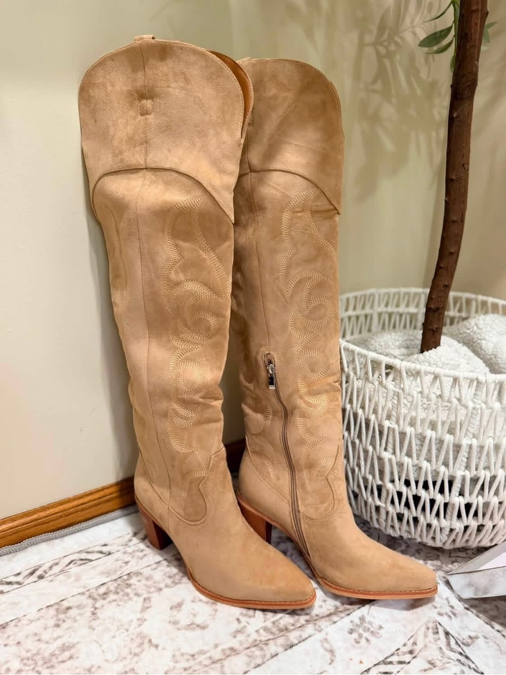 Women's Over-the-Knee Suede Boots in Light Tan
